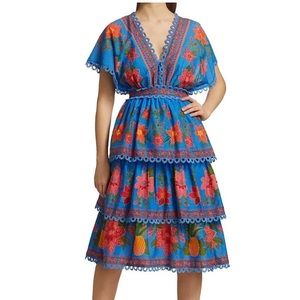 FARM Rio Tropical Tapestry layered midi dress, size small.
